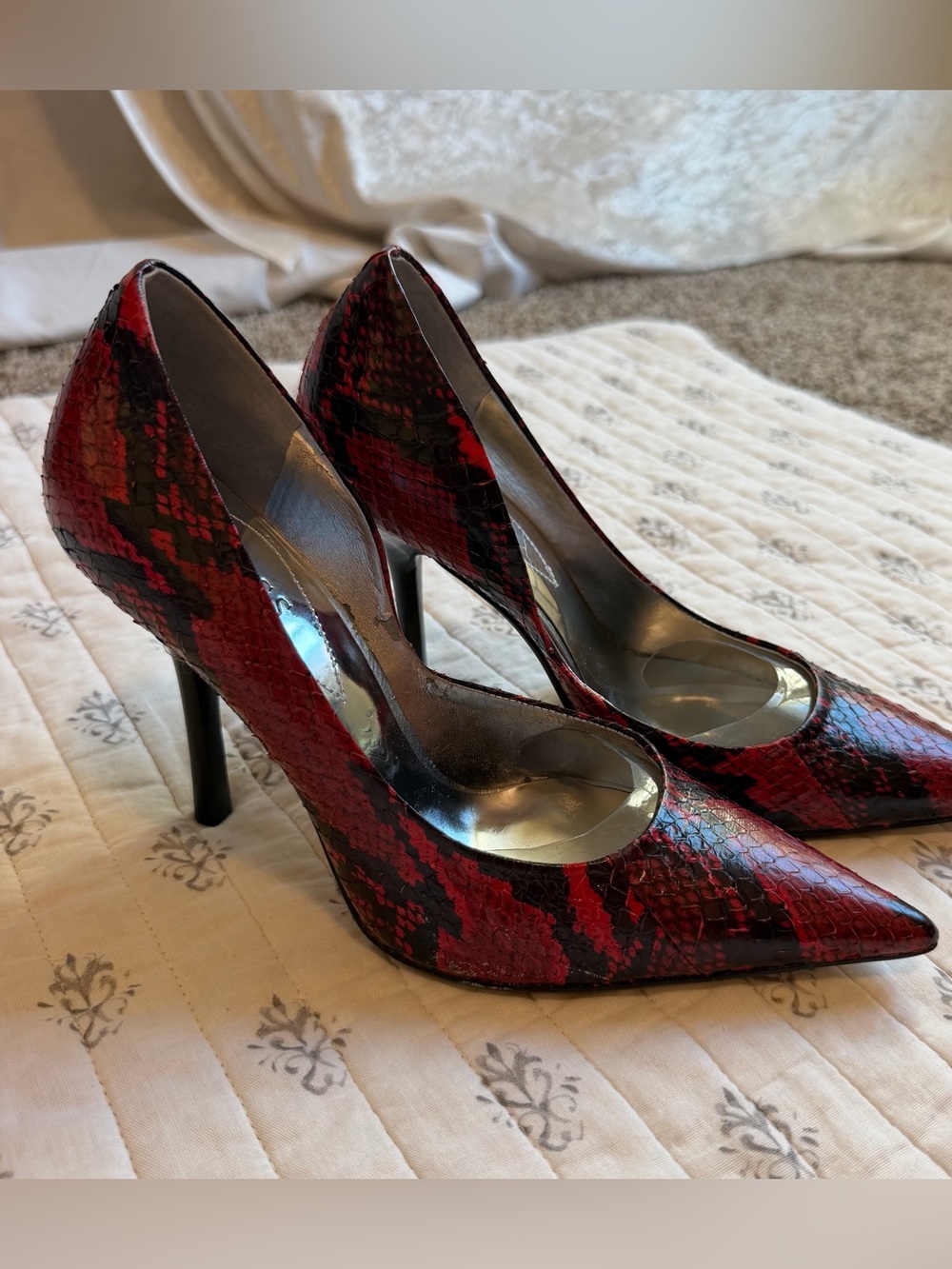 Guess by Marciano Red and Black Snake-Print Pointed Stiletto Heels